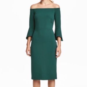 H&M flare trumpet sleeve off the shoulder green dress
